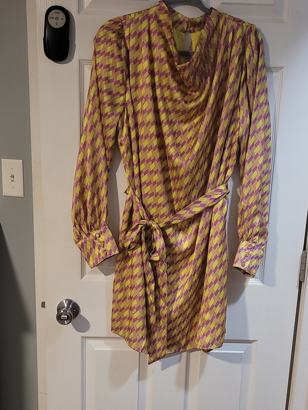 Fate Yellow and Pink Long-Sleeve Geometric Tie-Waist Dress